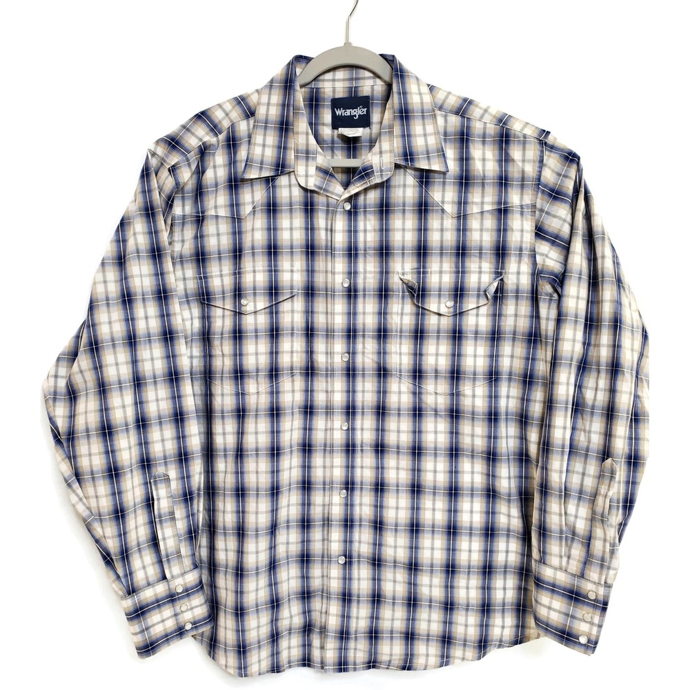 Wrangler Shirt Mens XL Blue Brown‎ Plaid Western Pearl Snap Long Sleeve Cotton